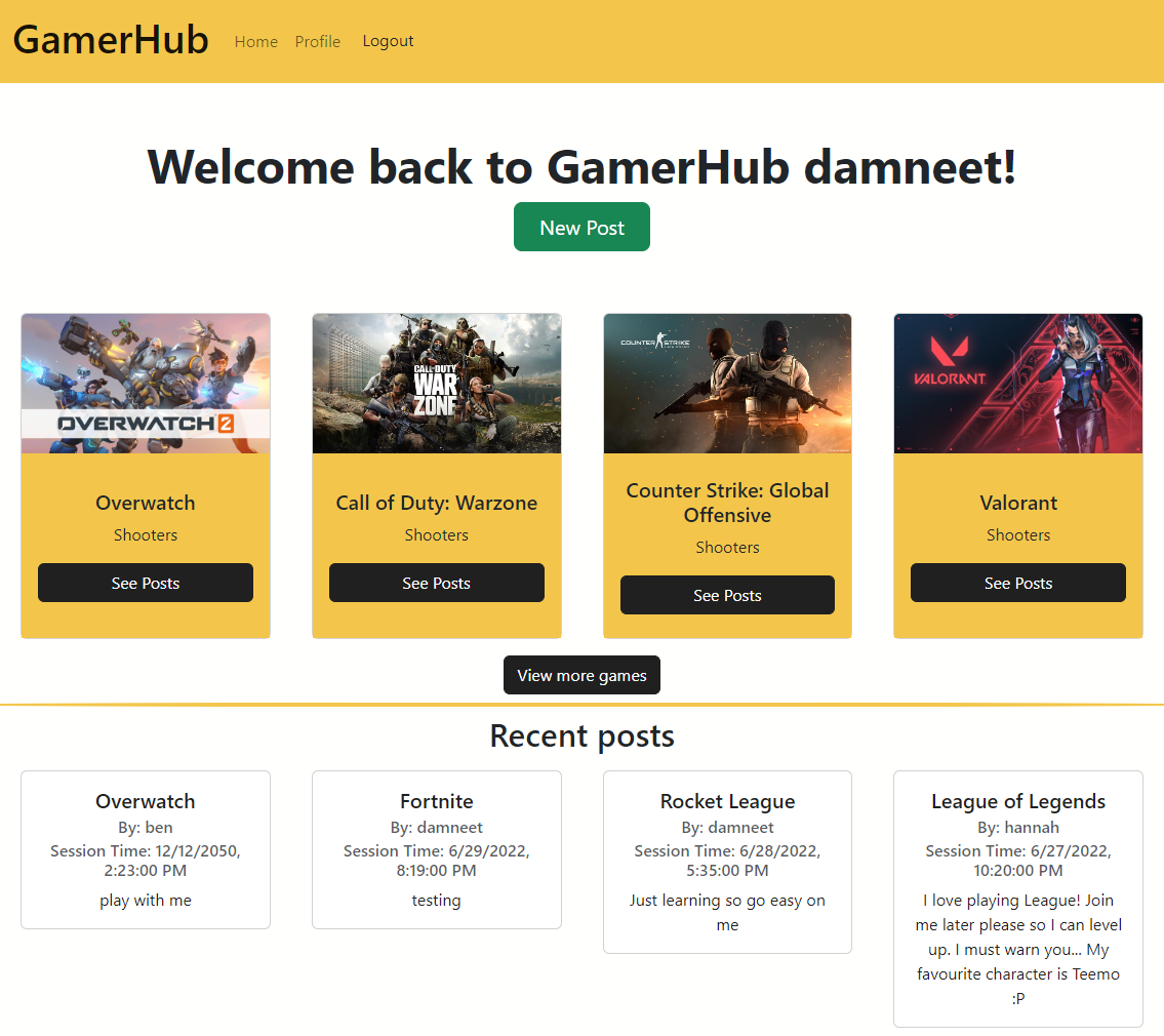 Gamer Hub application screenshot