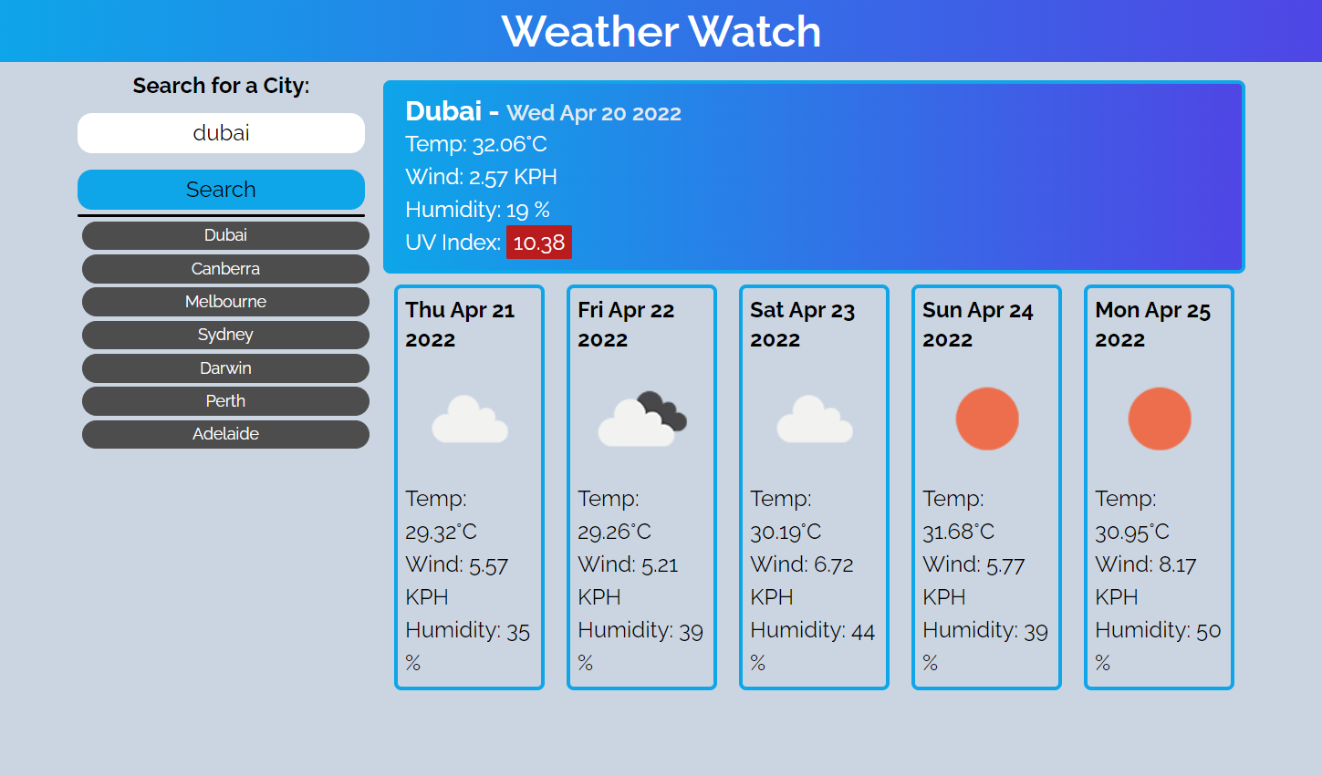 Weather watch application screenshot